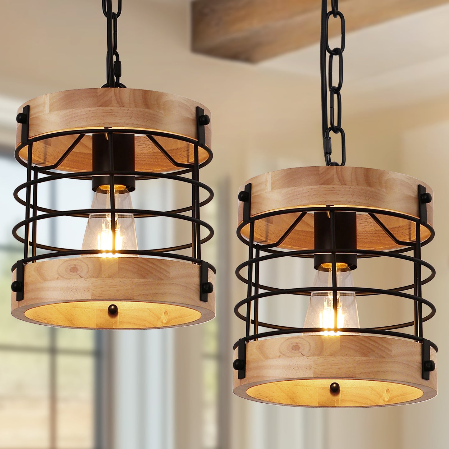 YANSUN 8 in 1-Light Industrial Retro 1-Light Pendant Light, White Wood Metal Round Cage Chandelier for Kitchen or Dining Room