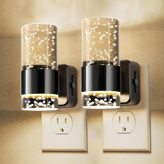 YANSUN 1W Integrated LED Plug-In Night Light, Black 3000K, Bubble Acrylic Long + Short Cylinder, Up & Down Beam 2-Pack
