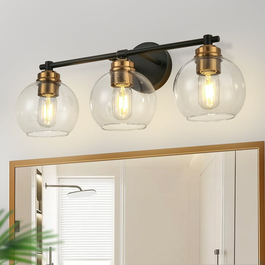 YANSUN 22 in. 3-Light Black and Gold for Bathroom Vanity Light with Clear Glass Shades Wall Sconce