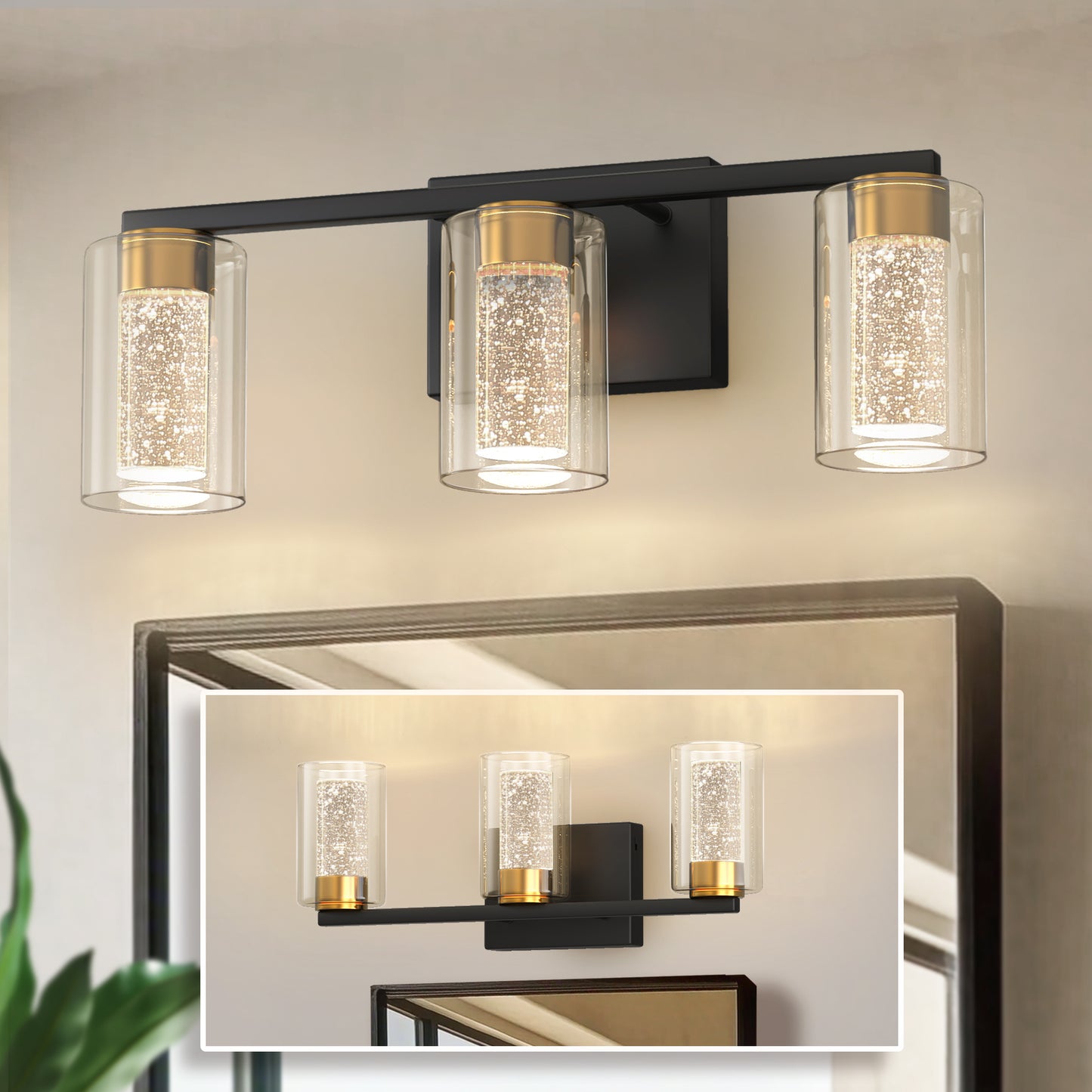 YANSUN 18 in. 3 Light Black and Gold LED Vanity Light Bar with Glass Shades and 3CCT Dimmable Function