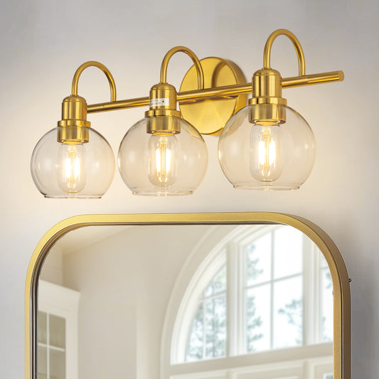 YANSUN 20 in. 3-Light Gold Bathroom Vanity Light, Industrial Design with Clear Glass Globe Shade for Powder Room Dressing Room