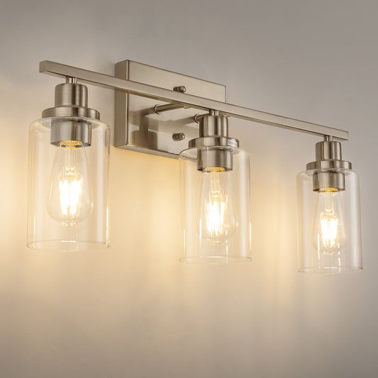 YANSUN 24 in. 3-Light Industrial Brushed Nickel Vanity Light Fixtures for Bathroom with Clear Glass Shades