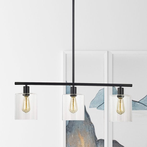 3-Light Pendant, Rustic Industrial Chandeliers with Modern Glass Shades Adjustable Wire Ceiling Light For Dining Rooms Living Room Kitchen Island Black