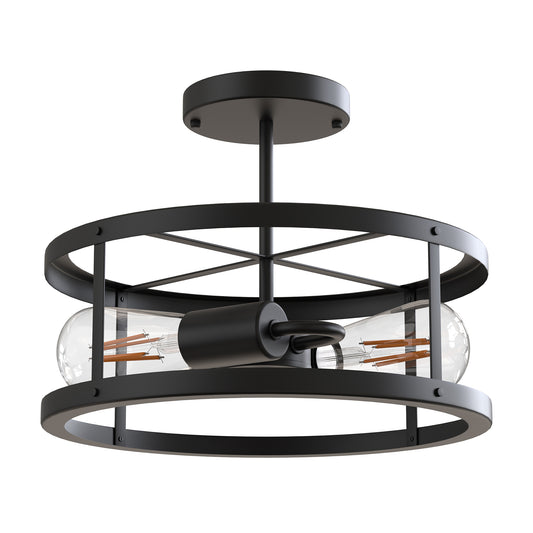Farmhouse Semi Flush Mount Ceiling Light Fixture, 2-Light Industrial Metal Cage Ceiling Lamp, Vintage Close to Ceiling Lighting