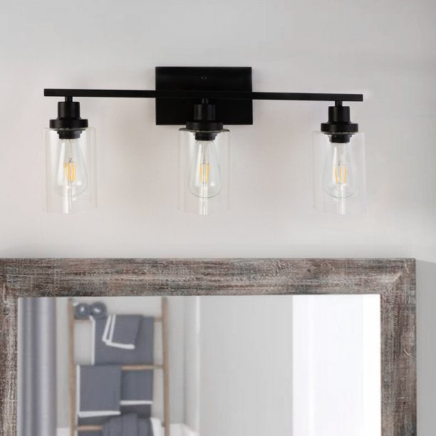 3-Light Modern Black Wall Sconce Bathroom Vanity Light with Clear Glass Shades