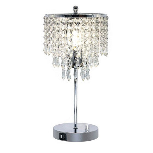 Crystal Table Lamp with Dual USB Charging Ports, 3-Way Dimmable Silver Nightstand Desk Light with K9 Crystal Shade for Bedrooms Living Room, Bulb No Included